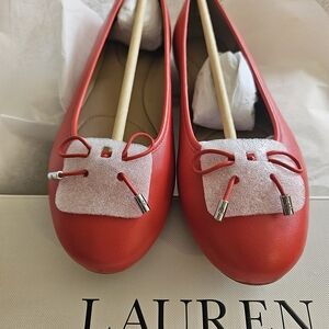 Lauren Ralph Lauren Jayna Red Leather Ballet Flats with Bow Detail